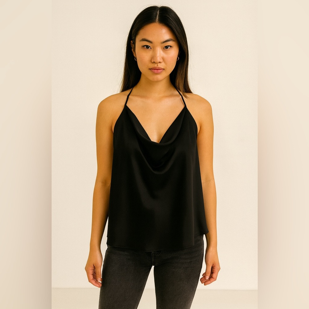 Express Black Halter Camisole – Draped Cowl Neck, Lined – Size XL
